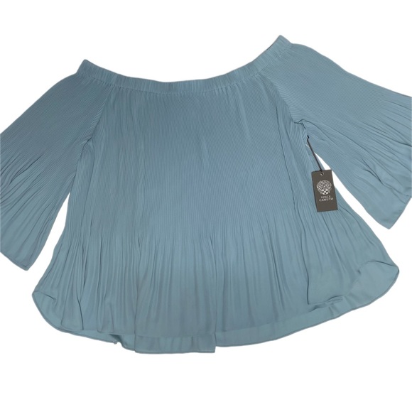 NWT Vince Camuto Off Shoulder Flowy Pleated Blouse Bell Sleeve Stretchy Top - Picture 4 of 9